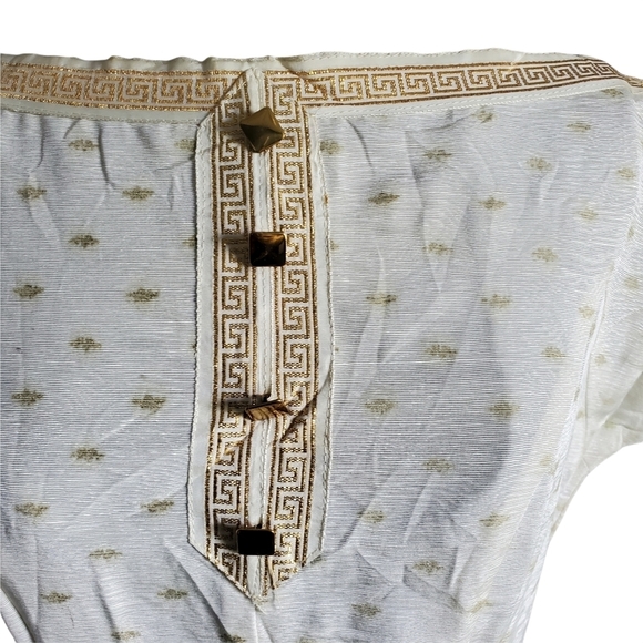 Vintage Handmade 50s Cream & Gold Greek Key Reverse Pleated Day Dress - Picture 5 of 10